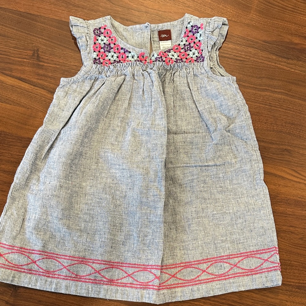 Tea Collection Blue Dress with Pink Embroidery
